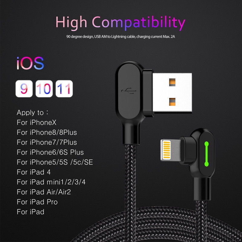 Cáp Sạc Dây Nylon Bện Kiểu Chữ L Góc 90 Độ Cổng Lightning 8 Pin 2.4a Cho Iphone / Ipad 1.2m