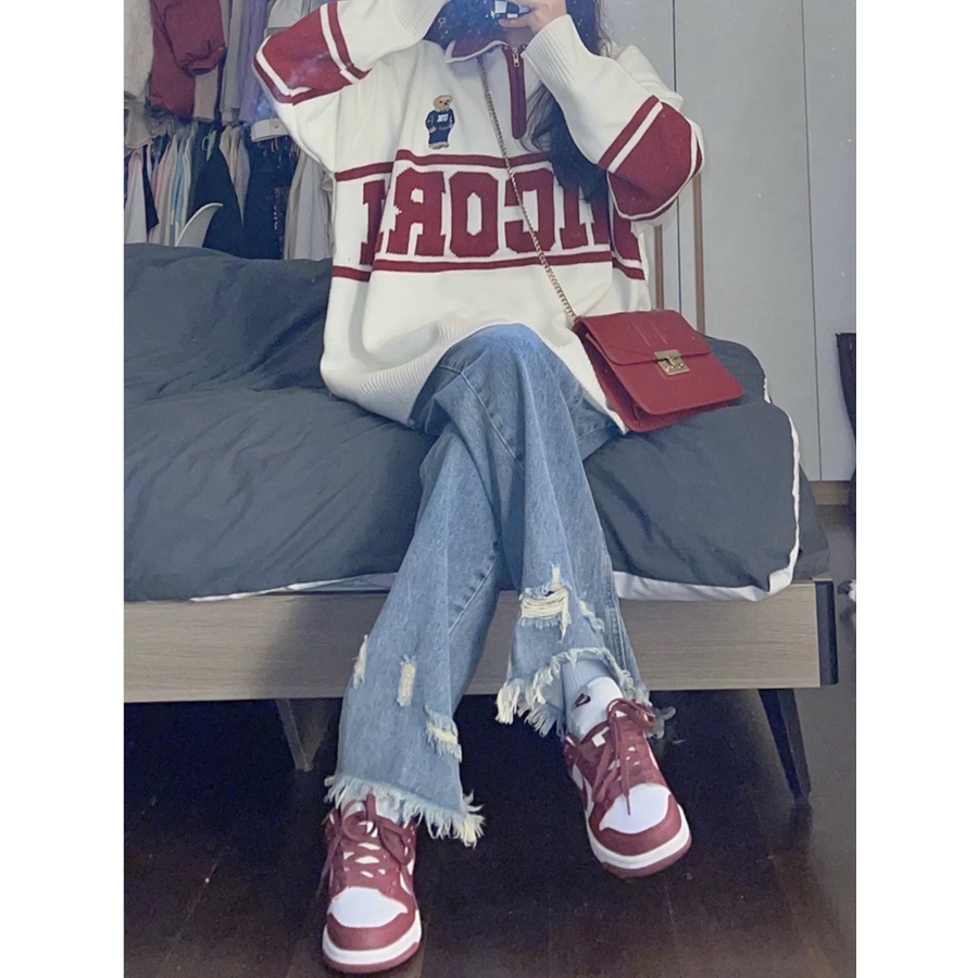 Quần Jean Lưng Cao Ống Suông Rộng Phối Rách Size Xs-2XL Phong Cách retro Mỹ Cho Nữ