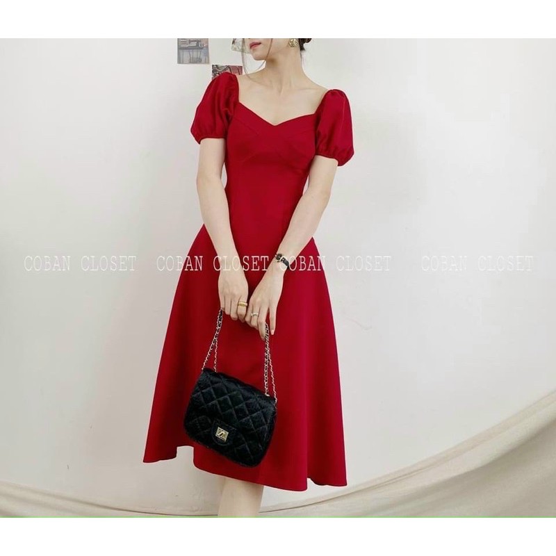 ĐẦM ĐỎ MIDI CỔ V TRẸT