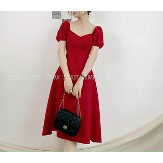 ĐẦM ĐỎ MIDI CỔ V TRẸT