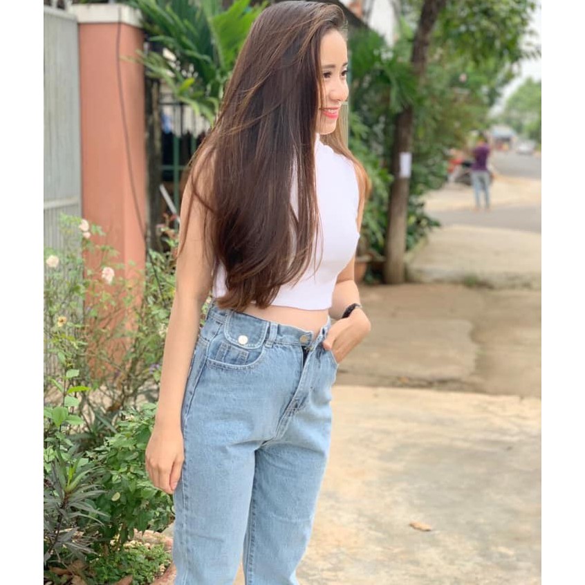 Quần baggy bò denim ống côn túi nắp xanh nhạt cạp cao thiết kế thanh lịch phong cách hàn quốc | BigBuy360 - bigbuy360.vn