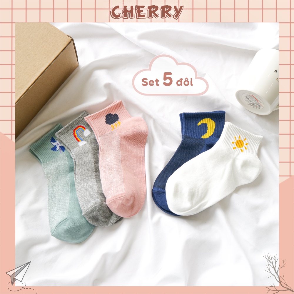 Tất vớ nữ cổ ngắn họa tiết hoạt hình, sét 5 đôi vớ tất nữ chất liệu cotton phong cách Vintage- Cherry Shop