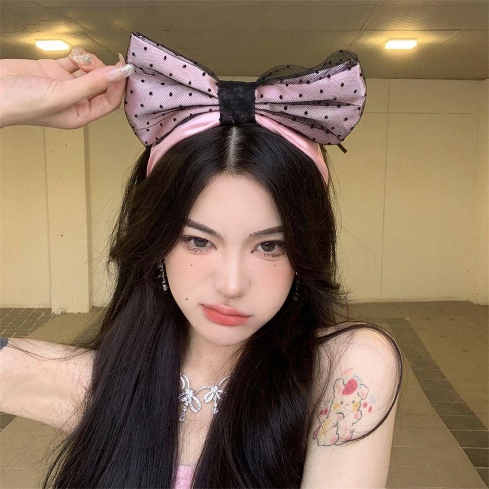 ANEMONE Băng Đô Nơ Họa Tiết Chấm Bi Phối Ren Thời Trang Thu Đông Cho Nữ