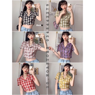 ÁO CROPTOP SƠ MI KẺ 6 MÀU - ÁO KIỂU CỔ VEST HỌA TIẾT CARO ULZZANG QC