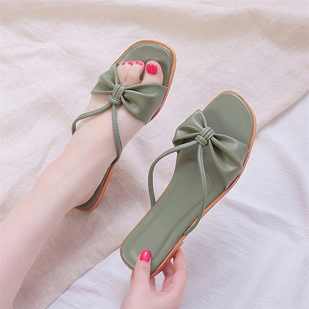 Dép bệt nữ mũi vuông thời trang quai ngang thắt nơ êm chân DILY cao 1cm_ AA0320