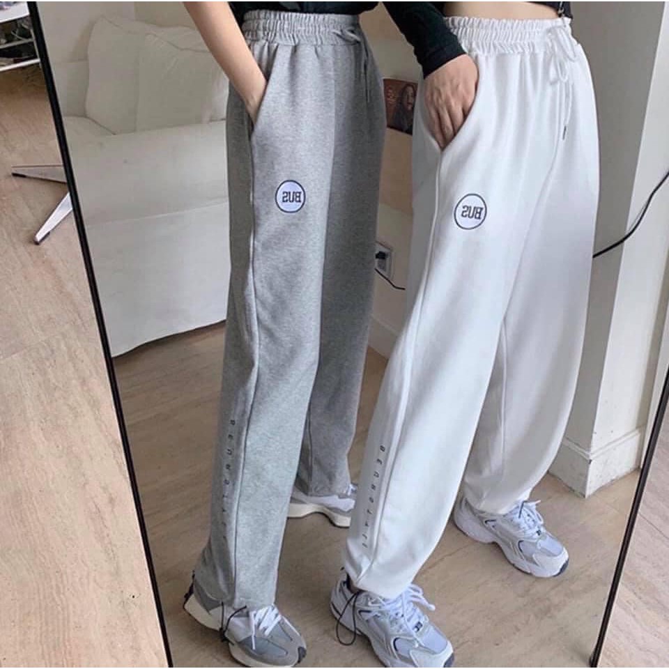 Quần Nỉ Da Cá BUS Unisex ♥ Jogger suông ống rộng rút dây thêu chữ màu ĐEN | TRẮNG | XÁM Ulzzang HOT ♥