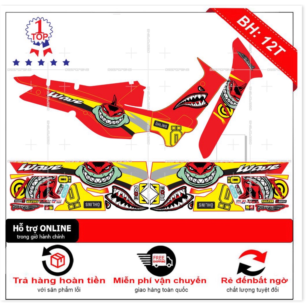 ( Quí khách vui lòng mang ra tiệm cho thợ dán ) Tem wave nhỏ đời đầu cá mập đỏ