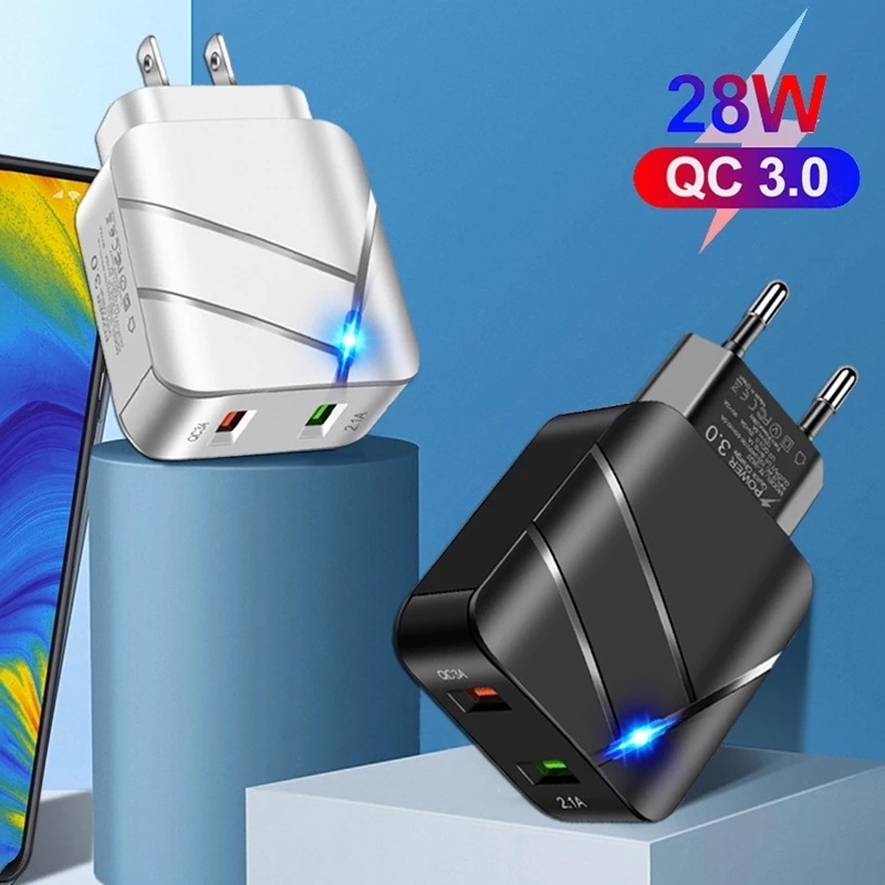 Củ Sạc Nhanh 28W Hai Cổng USB QC 3.0 Có 2 Cổng Cho Điện Thoại/Máy Tính Bảng