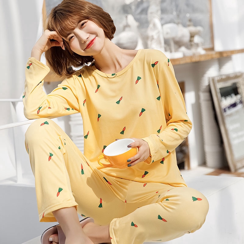xiaohan korea spring autumn loose female nightwear round neck long sleeve sleepwear set cute print women Large size pajamas | BigBuy360 - bigbuy360.vn