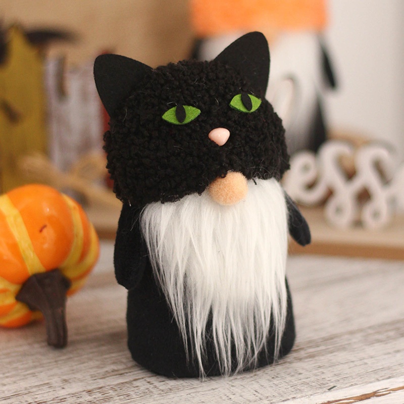 Phụ Kiện Khay Trang Trí Halloween Hình Chú Mèo Đen Đội Mũ Elf Dwarf