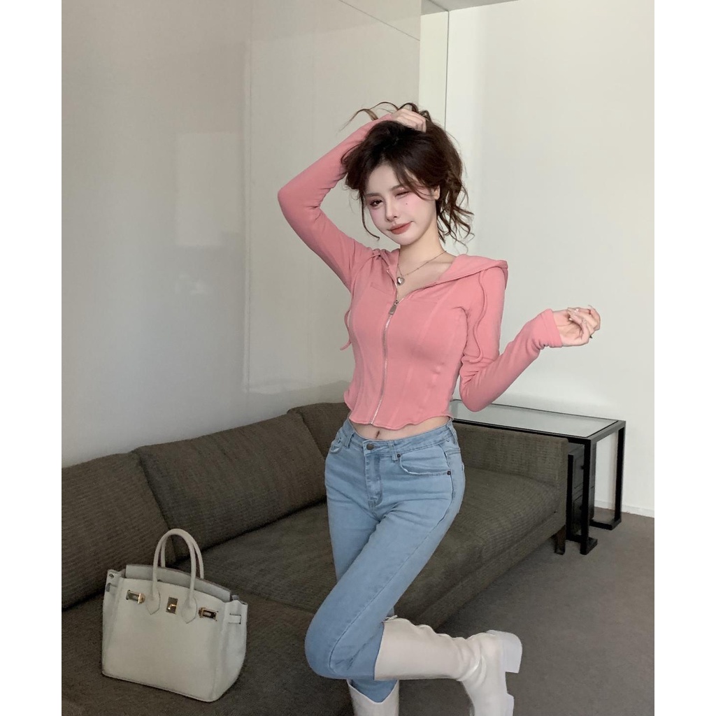 Áo Khoác Hoodie Tay Dài Dáng Ôm Có Khóa Kéo Màu Hồng Thời Trang Xuân Thu Phong Cách Hàn Quốc Cho Nữ