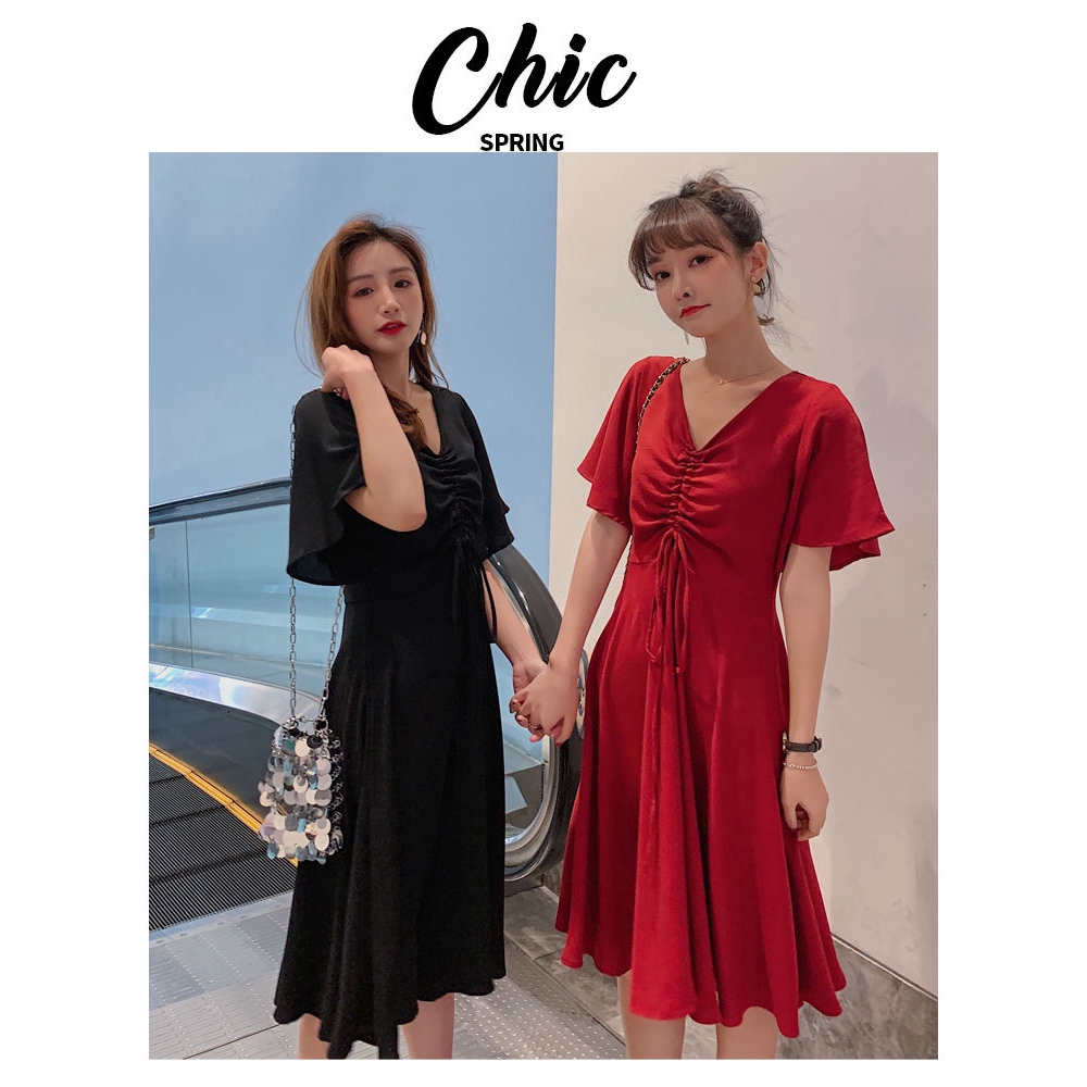 Đầm nữ dáng chữ A cổ chữ V dáng midi phong cách thời trang Hàn Quốc độc đáo