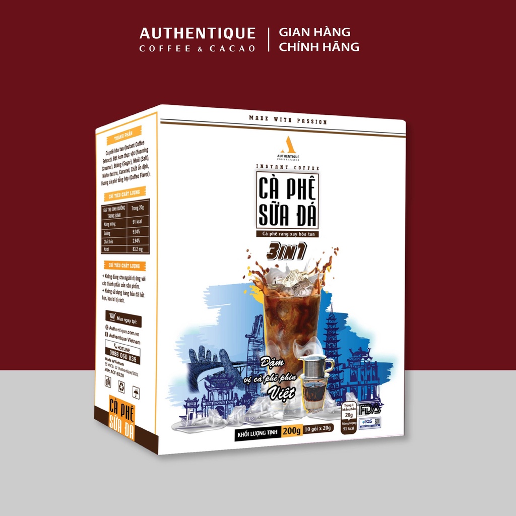 Cà phê sữa đá pha sẵn hòa tan 3in1 (20G x 10Gói) - Đậm vị cà phê | Authentique Instant Coffee