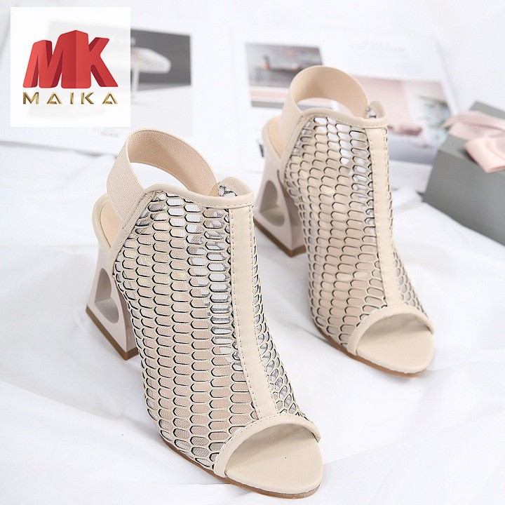 Giày cao gót lưới hở mũi gót vuông cách điệu hình tim MK MAIKA cao 8cm S148 Kem