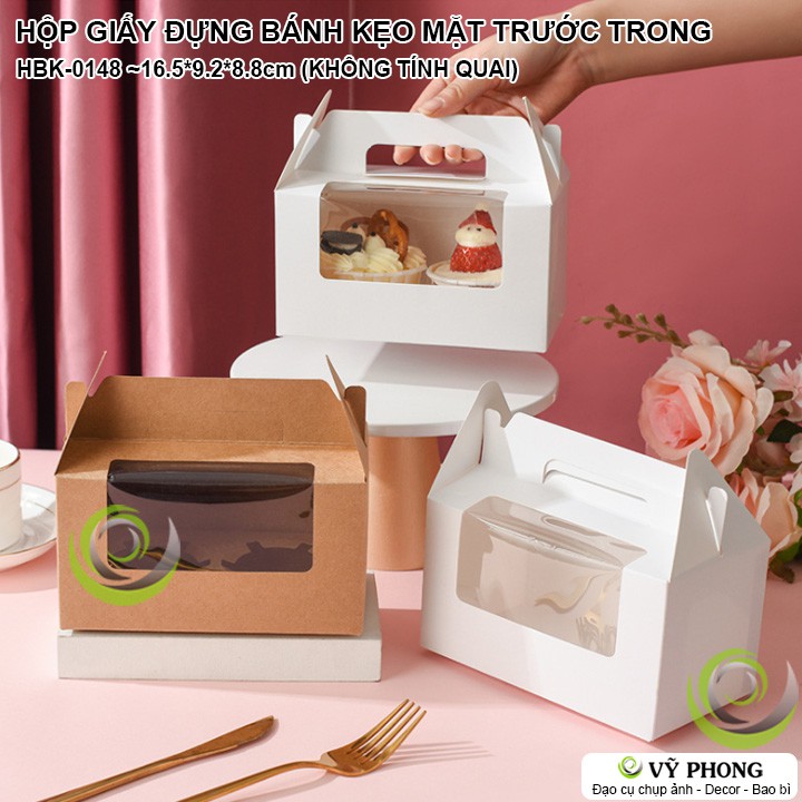 HỘP GIẤY CRAFT ĐỰNG BÁNH KẸO MẶT TRƯỚC TRONG SUỐT GIẤY KRAFT / TRẮNG ĐỰNG BÁNH KEM BÁNH CUỘN CÓ QUAI XÁCH HBK-0148