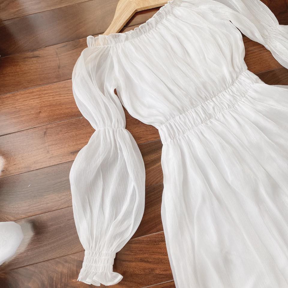 [Mã SKAMA06 giảm 8% tối đa 50K đơn 250K] ĐẦM TRẮNG BẸT VAI TAY VOAN BO CHUN | BigBuy360 - bigbuy360.vn