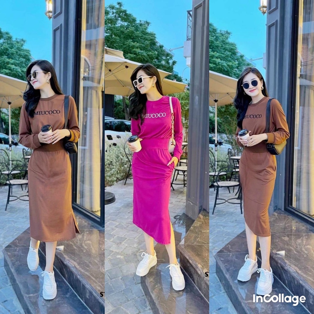 Sét bộ đồ nữ váy kèm áo tay dài in chuyển nhiệt tôn dáng trẻ trung sang trọng thanh lịch siêu xinh