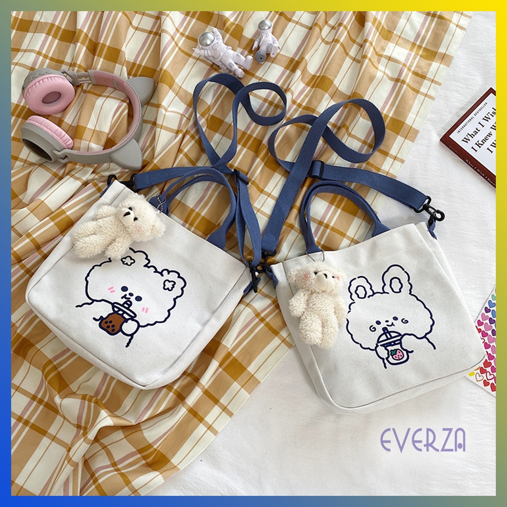 Túi Tote Đeo Chéo Vải Canvas In Hình Gấu Thỏ Dễ Thương Đi Học Đi Chơi Phong Cách Hàn Quốc