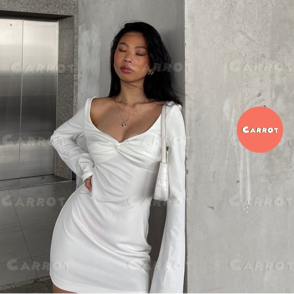 Đầm body ôm trắng sexy tay dài loe thiết kế khoét ngực sang trọng, cá tính chất thun co giãn Carrotxinhdep