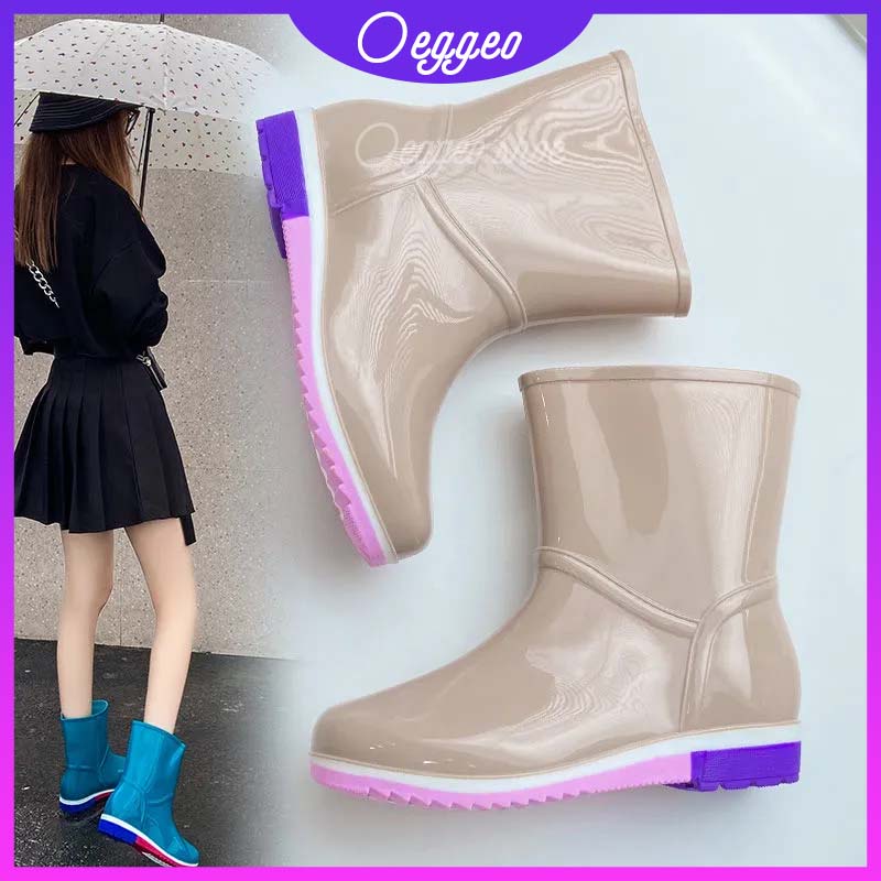 Oeteo Giày Bốt Cao Su Đế Bằng Đi Mưa Cho Nữ