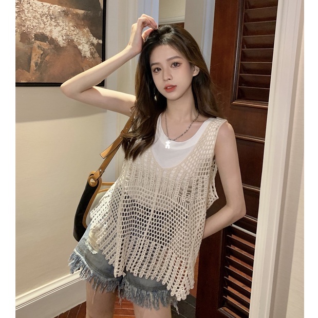 QKOOLE  Set Áo Lửng Hai Dây + Áo Sơ Mi Dài Tay Phong Cách Hàn Quốc Dành Cho Nữ