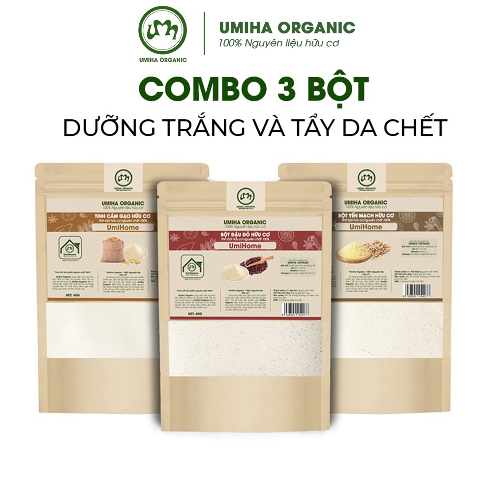 Combo 3 bột tẩy tế bào chết cơ thể và dưỡng trắng da nguyên chất UMIHOME (40G x 3) gồm Cám Gạo, Đậu Đỏ, Yến Mạch