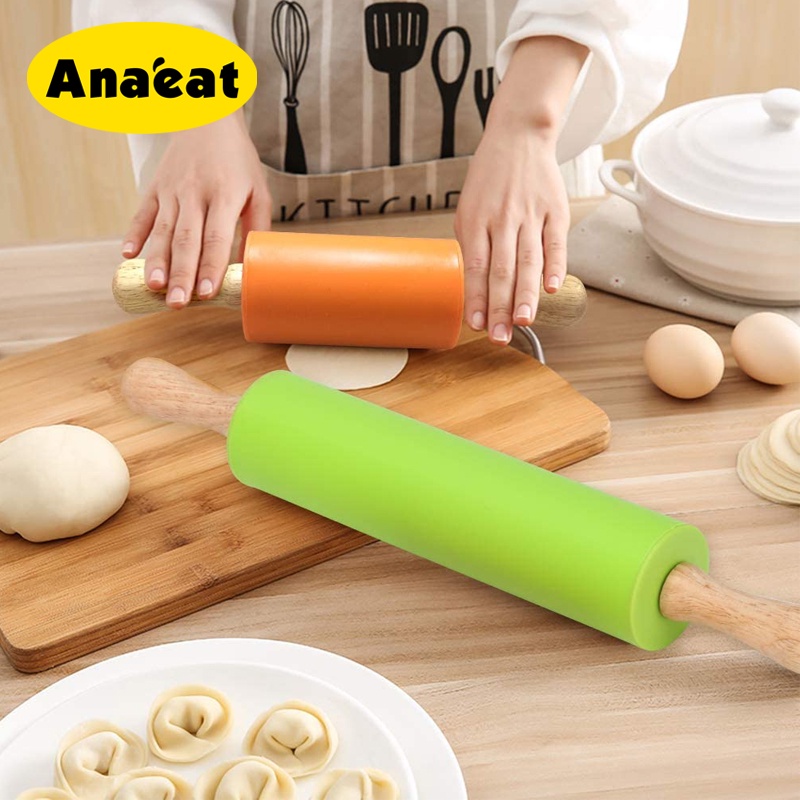 1 cây lăn bột làm bánh bằng Silicone tay cầm gỗ chống dính