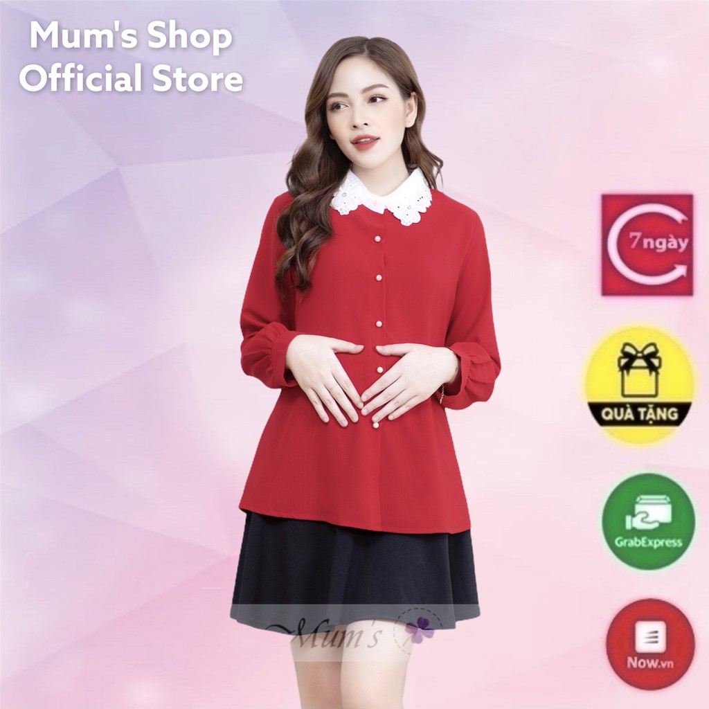 ÁO BẦU FREESHIP Áo voan đỏ cổ đức Thời trang bầu công sở