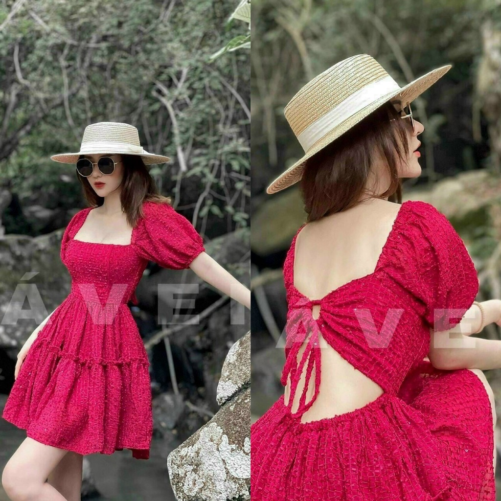Đầm nữ tay phồng tùng xòe nhún tầng,đan dây lưng  thời trang nữ cho nàng đi chơi,dạo phố...