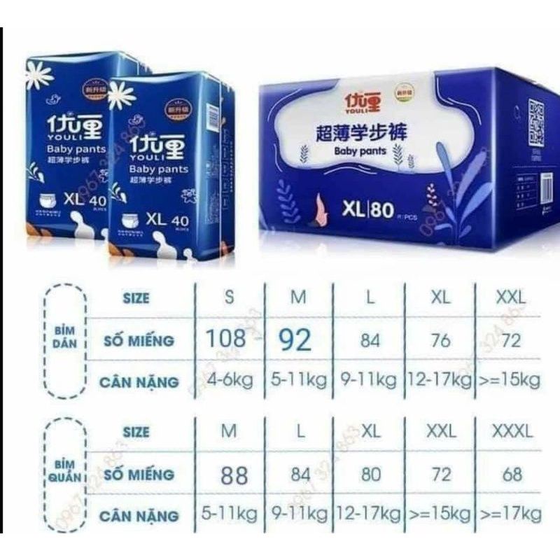 Tã Bỉm Dán/Quần Youli/Tí Quậy S112/M96/M88/L84/XL80/XXL72/XXXL68