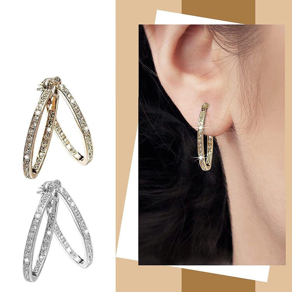ROWANS 1 Đôi Bông Tai Tròn Đính Đá Lấp Lánh Sang Trọng