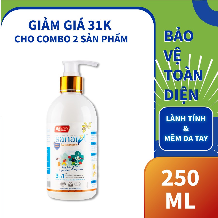 GEL RỬA TAY KHÔ SANARYL 250ML – BẢO VỆ LÀN DA TỰ NHIÊN, KHÔNG LÀM HẠI DA TAY KHI SỬ DỤNG NHIỀU LẦN