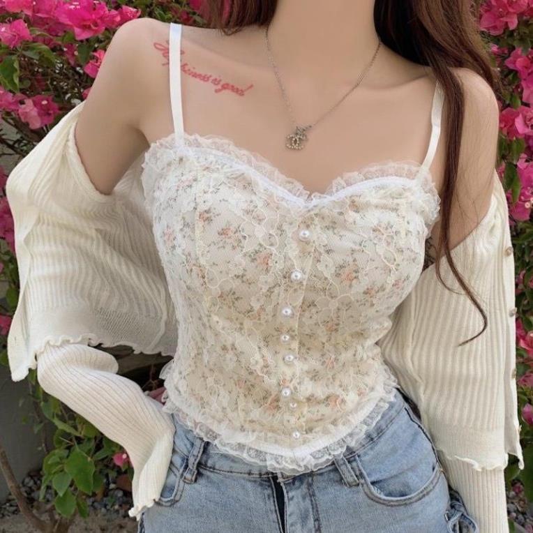 Áo Croptop 2 Dây Ren Hoa Nhí Đính Khuy Cúc Ngọc Kèm Mút Ngực Siêu Xinh