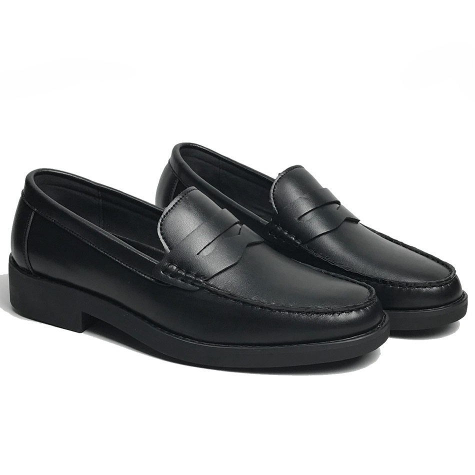 Giày da nam Penny Loafer màu đen, chất da bóng nhẹ, đế cao su khâu chắc chắn, thiết kế thời trang trẻ trung