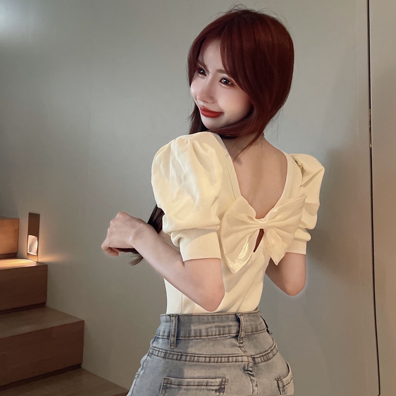 Áo Thun Tay Ngắn Phồng Ôm Dáng Màu Trơn Đính Nơ Thời Trang Mới