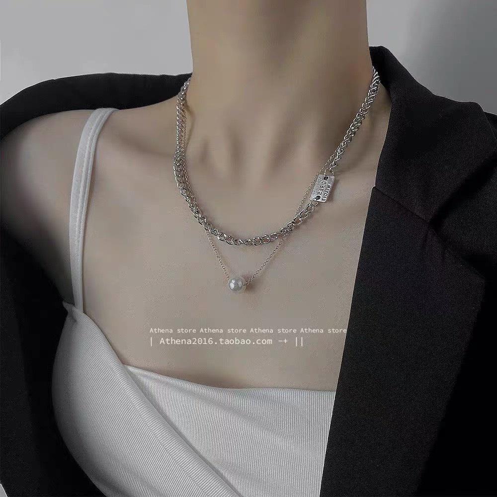 Dây chuyền nữ 2 mảnh Vòng cổ hạt cá tính 2 dây liền chất liệu hợp kim