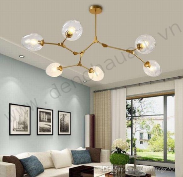 Đèn thả 6 bóng nghệ thuật độc đáo cành táo thân vàng 6 chao thủy tinh hổ phách