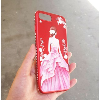Ốp lưng cô gái đỏ đính đá iPhone 5/6s/6Plus/7Plus (Lưng hoa trắng)