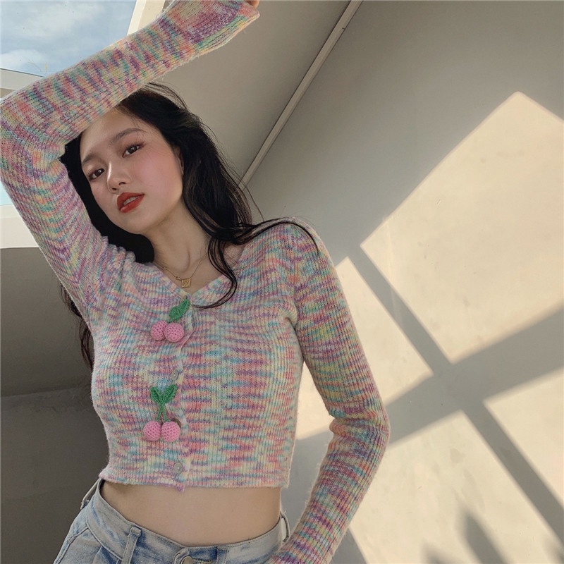 【ZHELIHANGFEI】 / Áo Khoác Cardigan Dệt Kim Dáng Ngắn Hở Rốn Màu Hồng Nhẹ Nhàng Thời Trang Xuân Thu Cho Nữ