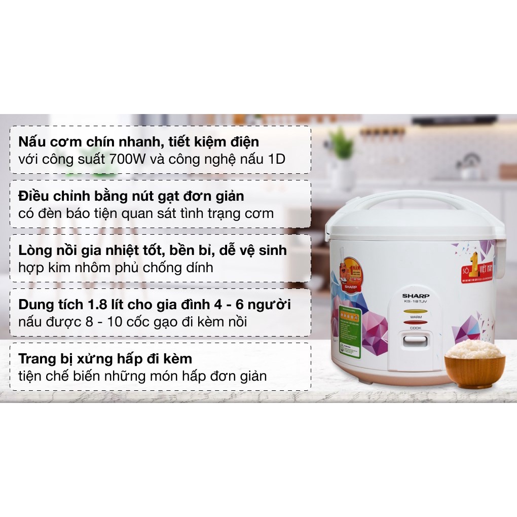 Nồi cơm điện Sharp 1.8 lít KS-18TJV Hàng trưng bày- Lòngnồi chống dính bền