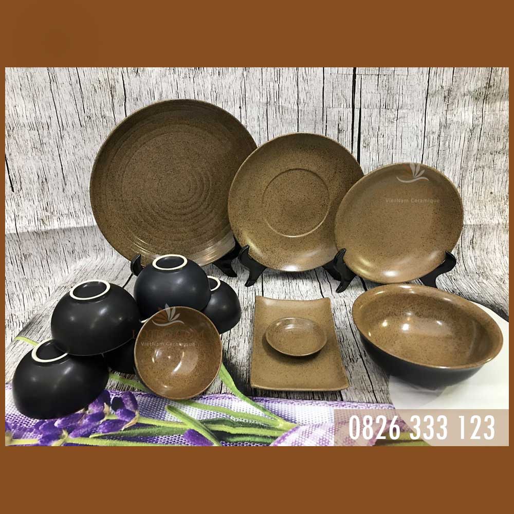 Bộ Chén Đĩa Bát Ăn Men Nâu Kiểu Nhật Gốm Bát Tràng Xuất Khẩu