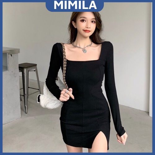 Váy Body Dài Tay MIMILA Đầm Body Dáng Ôm Xẻ Tà Cổ Vuông Vải Thun Gân Co Giãn 4 Chiều Siêu Cá Tính - MBD038