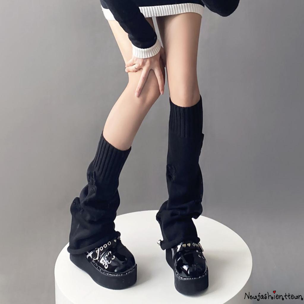 Nfashion Vớ Dệt Kim Ống Rộng Màu Trơn Xẻ Gân Rách Giữ Ấm Chân Phong Cách Nhật Bản Cho Nữ