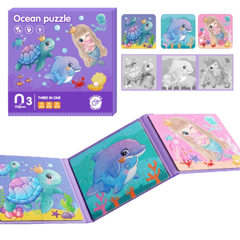 Đồ chơi xếp hình S-kids, Bộ sách puzzle thông minh 3 hình cho bé với mảnh ghép nam châm.