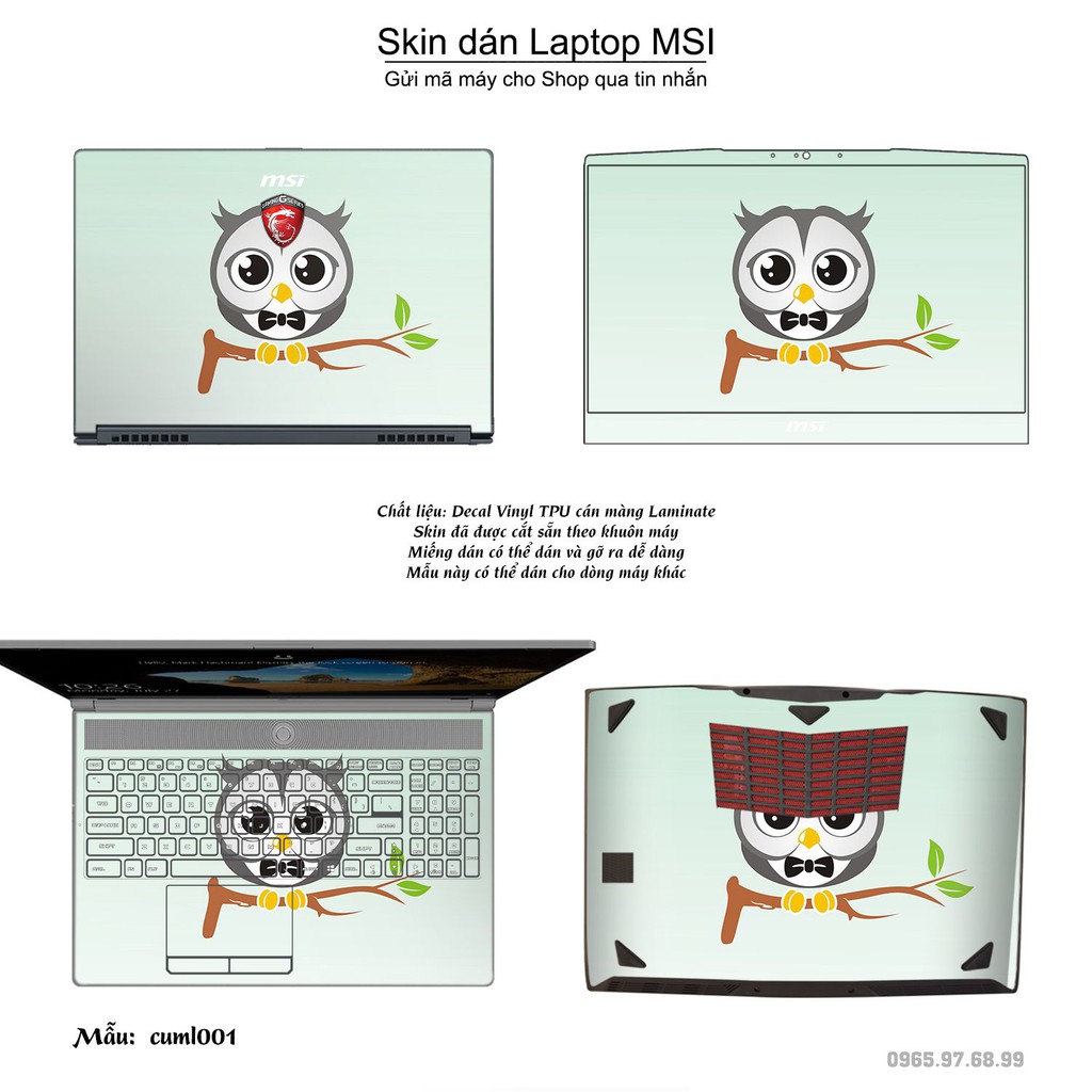 Skin dán Laptop MSI in hình Cú mèo (inbox mã máy cho Shop)