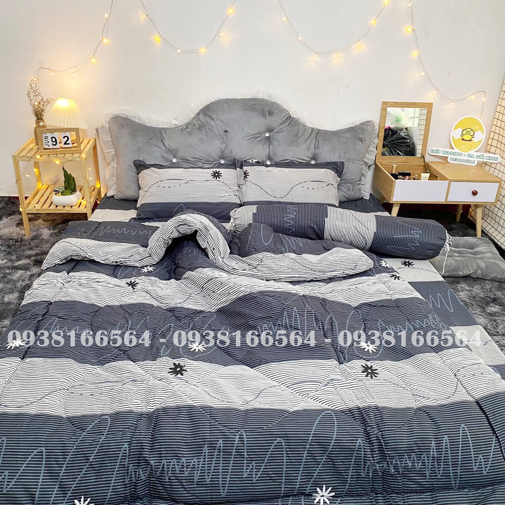 TRỌN BỘ COTTON POLY 5 MÓN CHĂN PHAO DÀY DẶN HÀNG VN SỌC TRẮNG ĐEN - ĐỦ KÍCH THƯỚC