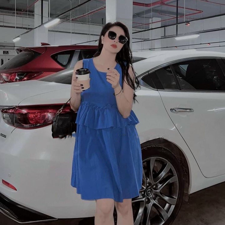 Đầm sát nách cổ tròn thắt eo Váy chiết eo ba lỗ xanh than siêu đẹp