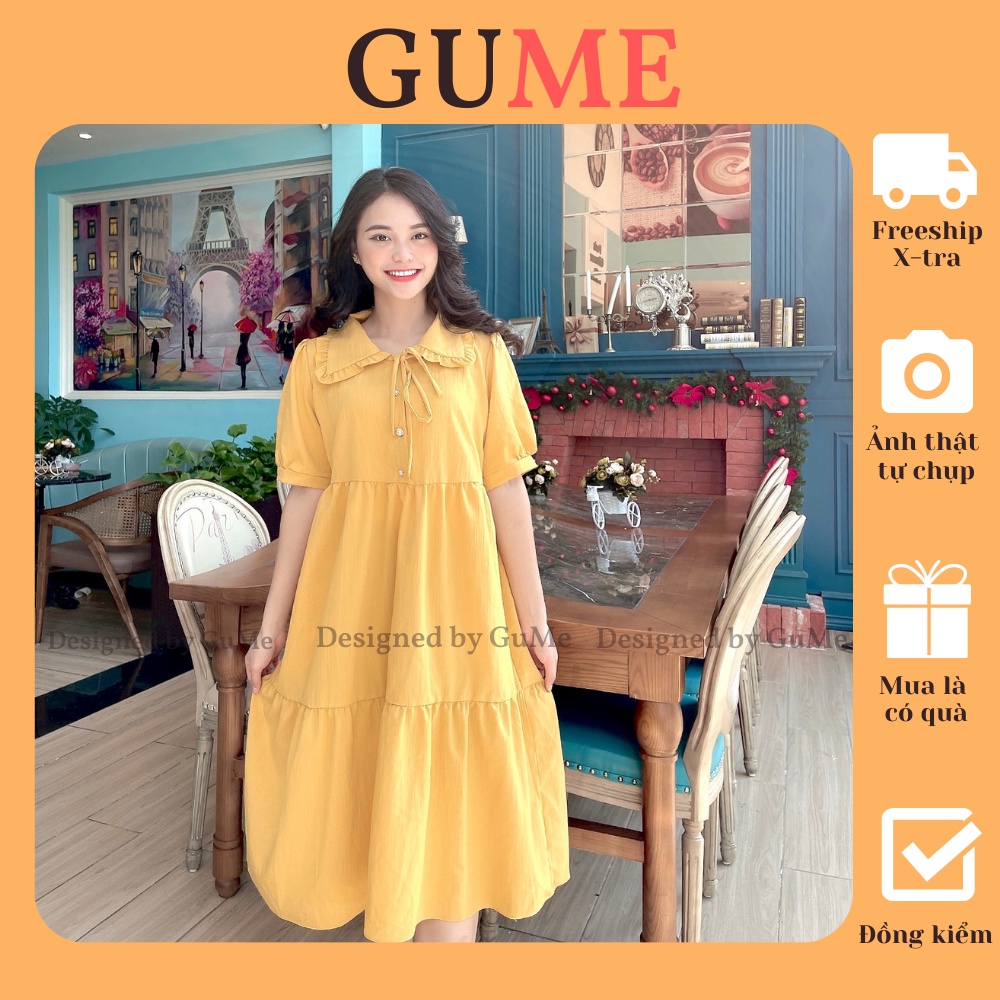 Đầm bầu công sở Váy bầu đẹp màu vàng 3 tầng cổ buộc nơ MYC 13M