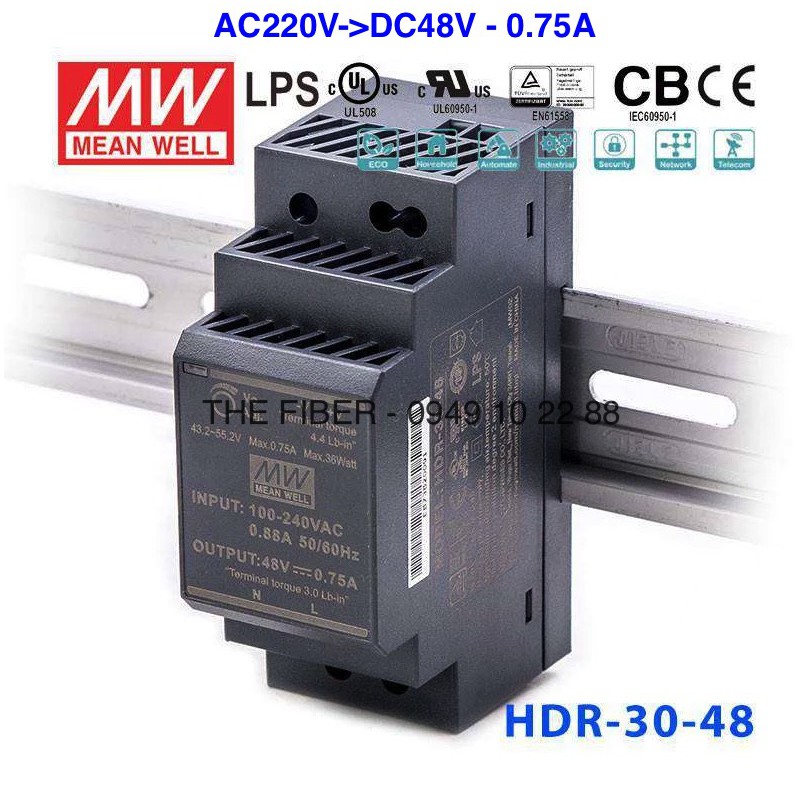 Bộ đổi nguồn điện HDR-30-48 AC220V - DC48V 30W 0.75A gắn thanh RAY - DIN Rail - Hãng Meanwell