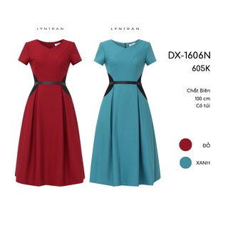 Váy xòe cổ tròn tay ngắn Lyntran Đầm xòe DX-1606N cutout ngực tinh tế phối đáp eo đen sang trọng